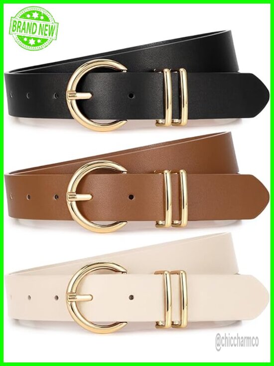 3 Pack Women Faux Leather Belts with Gold Buckle for Jeans Dresses Pants